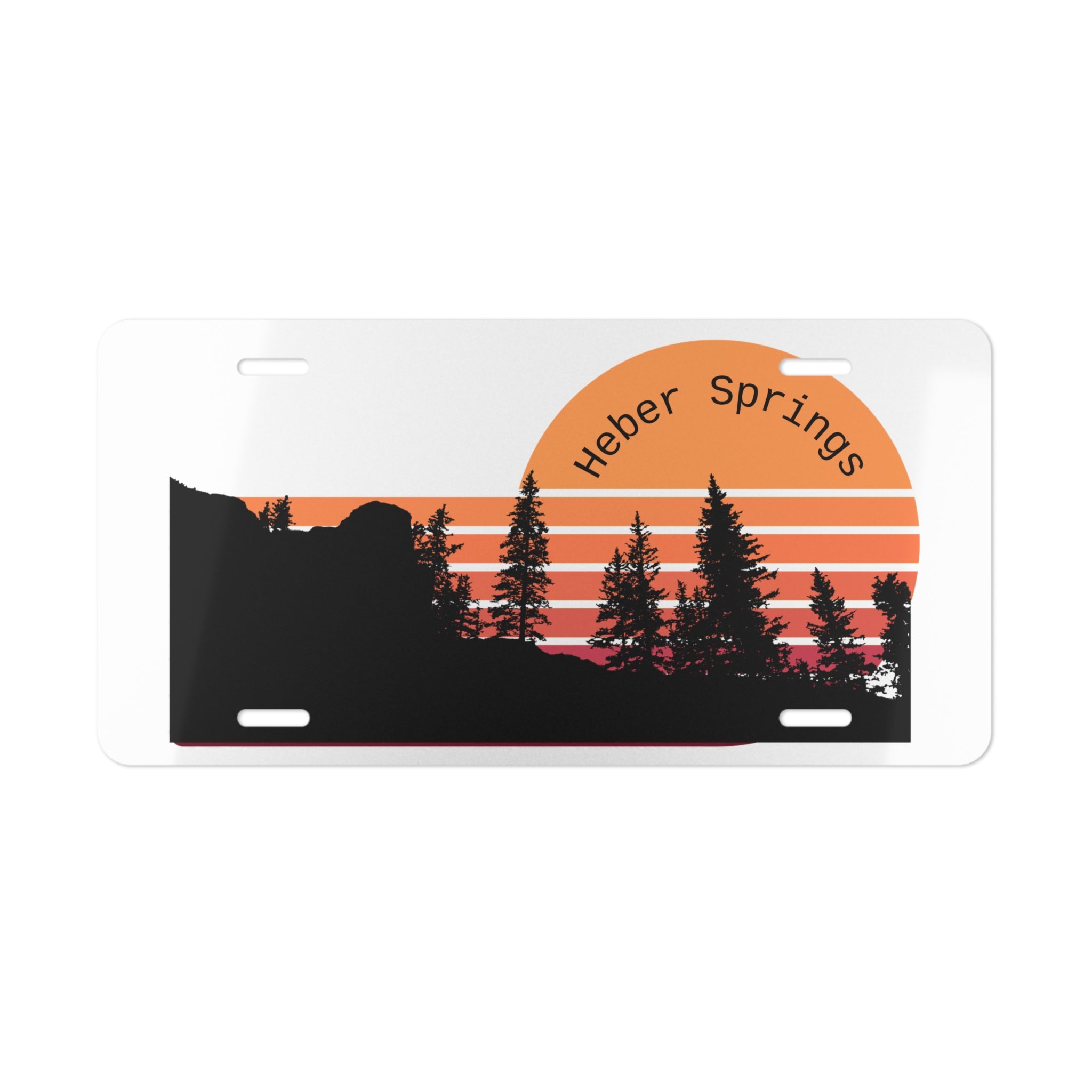 Heber Springs Sunset Vanity Plate — Scenic Pine Silhouette License Tag
